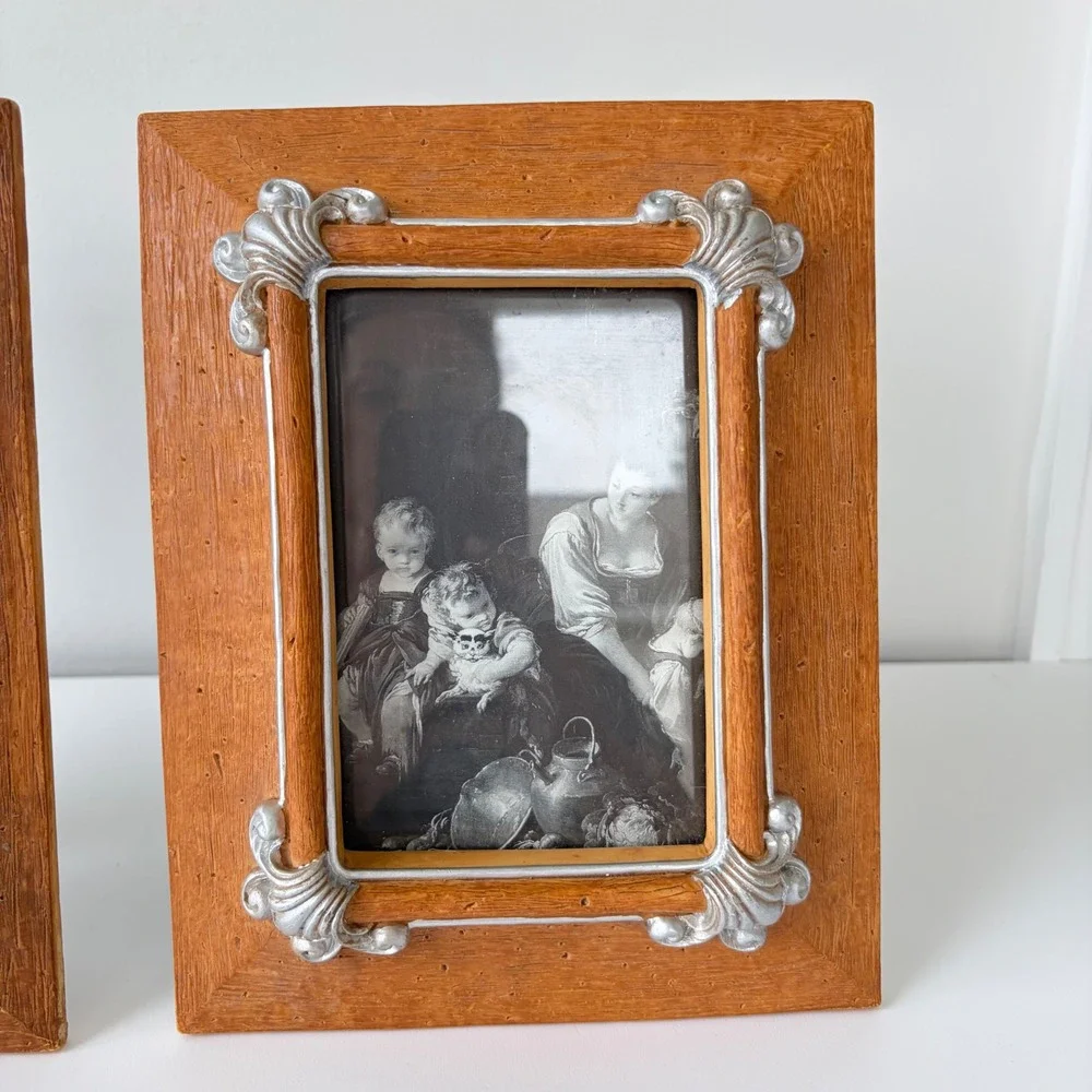 Vintage Ornate Wood Look Resin Picture Frames Silver Scroll Set of 2 Tabletop